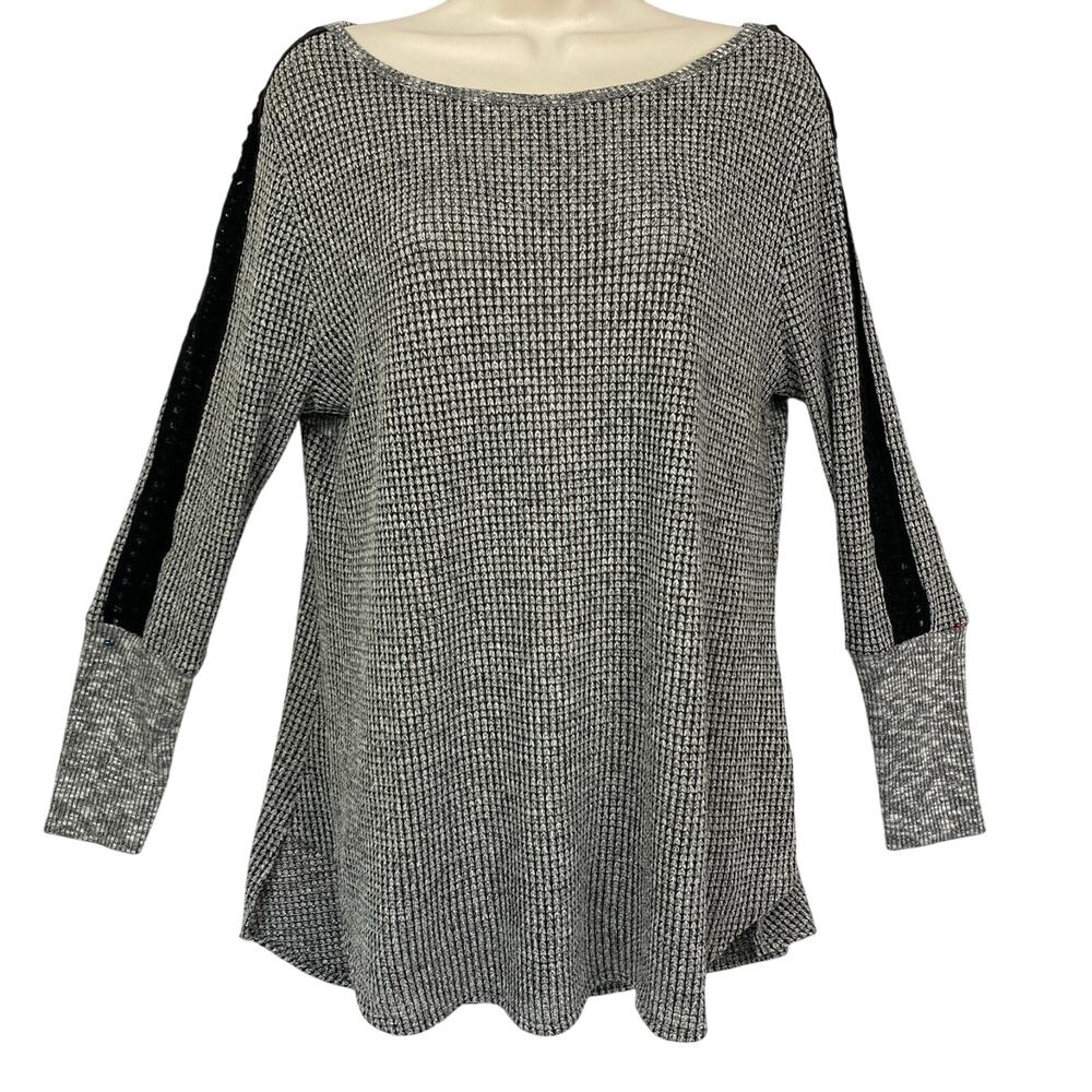 Soft Surroundings Top Medium Gray Bailey Waffle Knit Crochet Trim‎ Lightweight